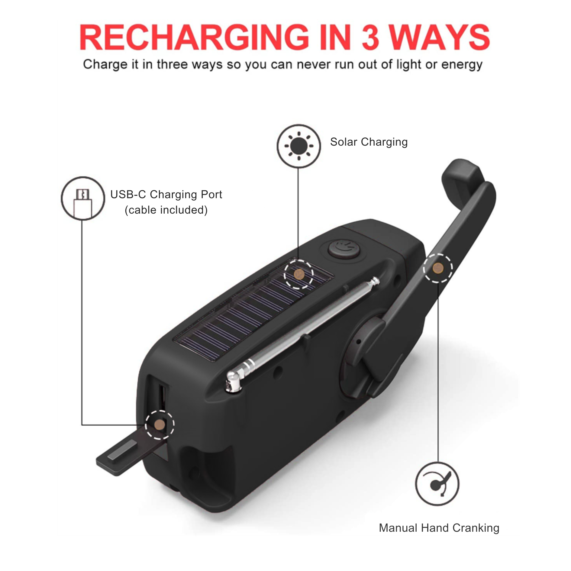Hand Crank Radio Emergency Power Bank with Light - 2000mAh