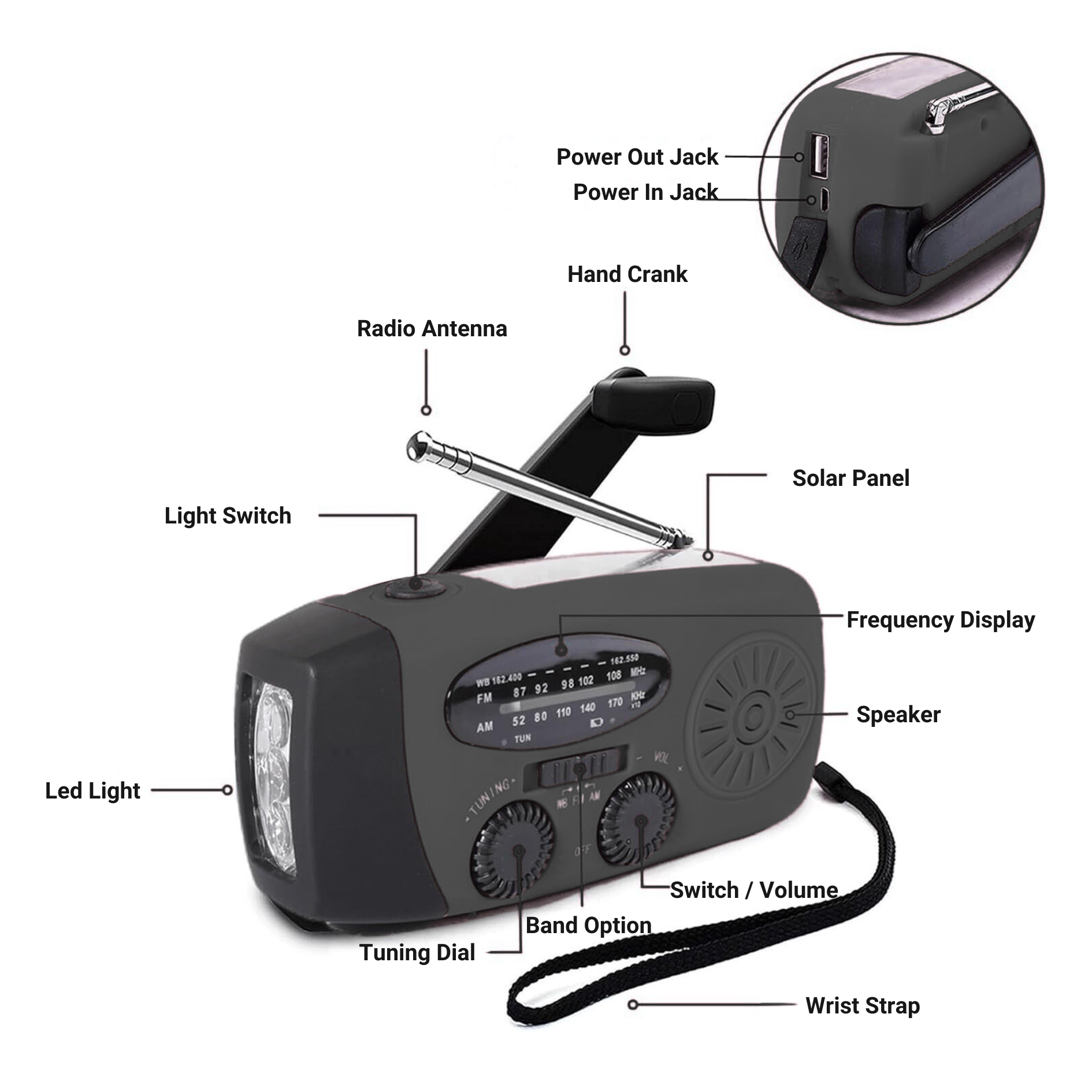 Hand Crank Radio Emergency Power Bank with Light - 2000mAh
